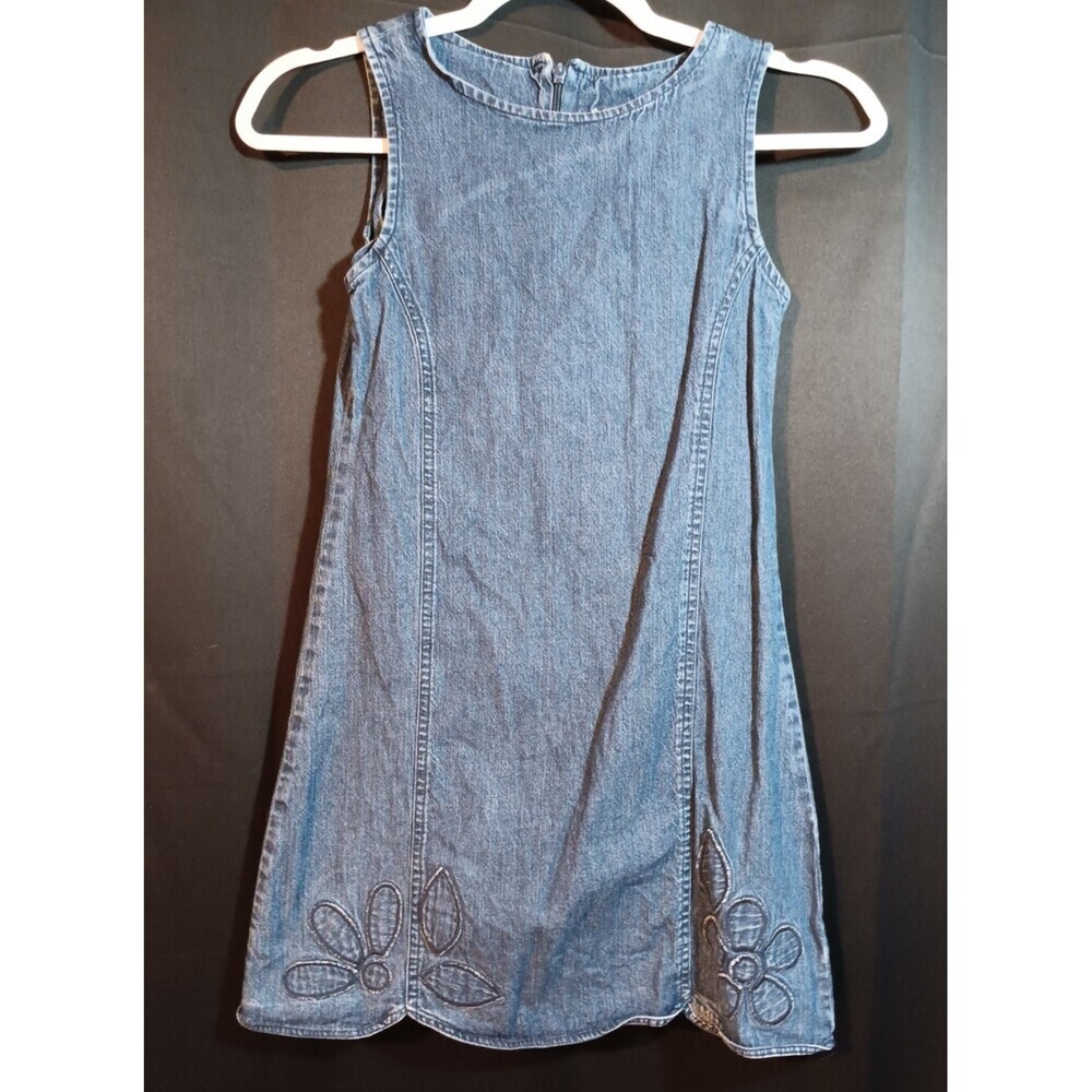 Vintage Gap Girls Denim Jumper Dress Size 5 Sleeveless Blue Casual Zip Flower